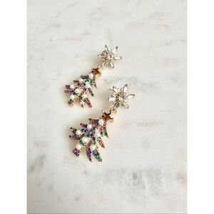 Rainbow rhinestone and faux pearl Christmas tree earrings